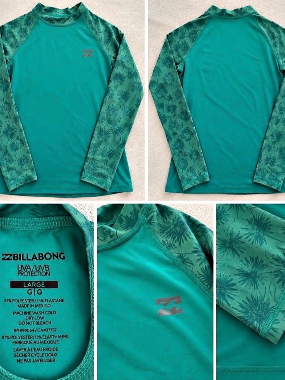 Billabong Women’s Long Sleeve Rash Guard – Large – Teal/Green